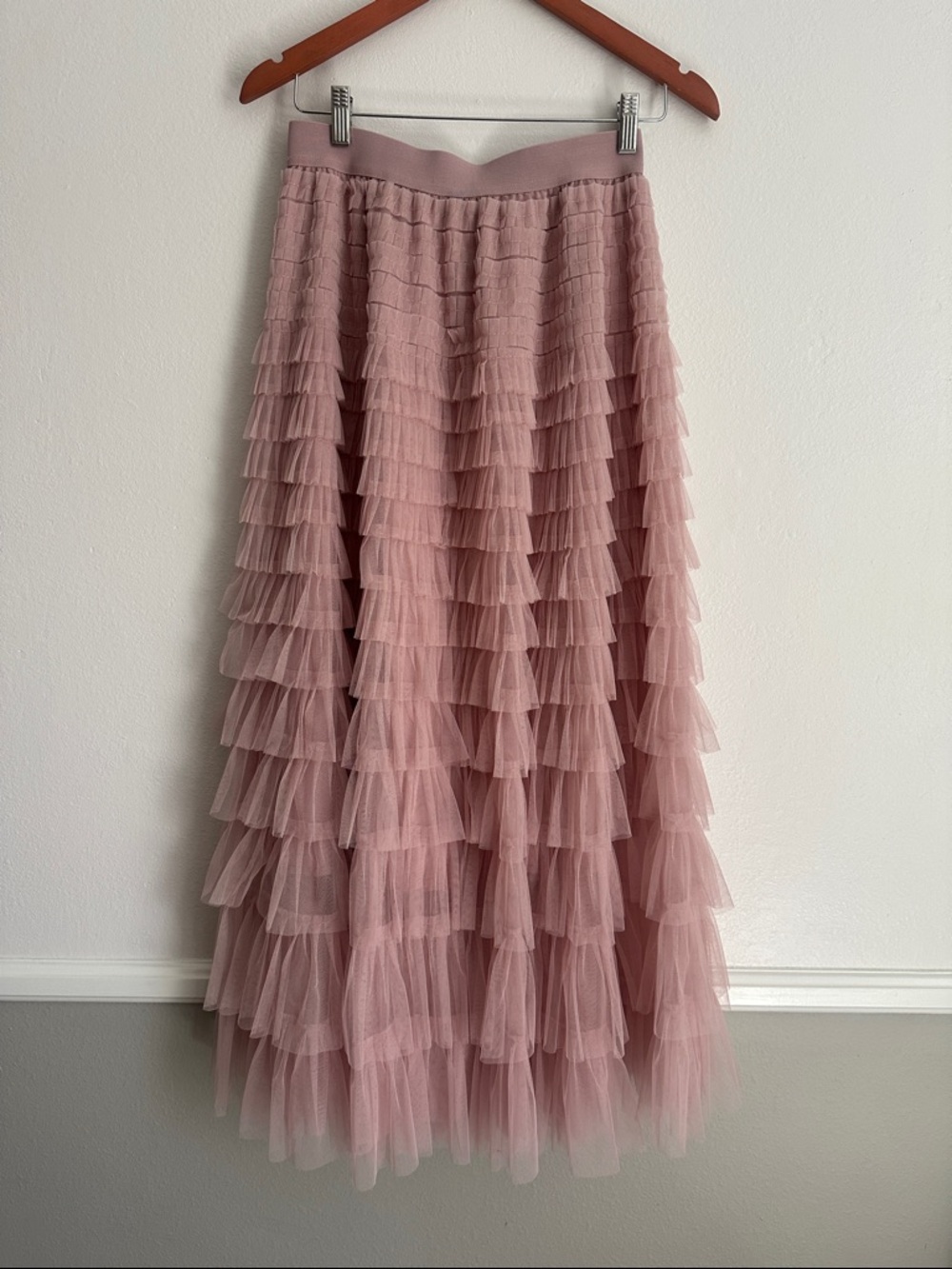 Tiered Ruffle Tulle Maxi Skirt - Dusty Pink